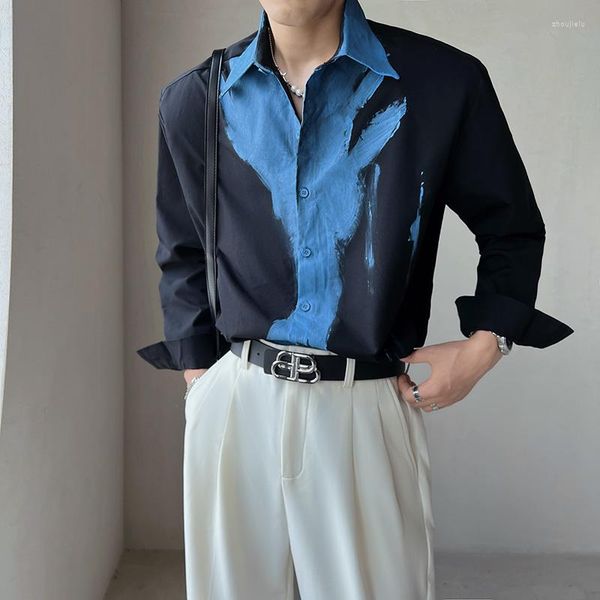 Hommes chemises décontractées hommes peints à la main impression Streetwear ample à manches longues Net célébrité vêtements mâle coréen bureau Niche mode