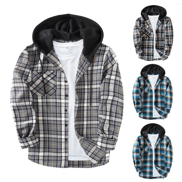 Chemises décontractées pour hommes Hommes Hood Plaid Chemise surdimensionnée Hiver Flanelle chaude Style européen américain Vêtements Beau Holiday Blusa