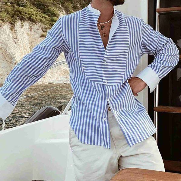 Chemises décontractées pour hommes Hommes chemises à rayures irrégulières haut à manches longues décontracté coton chemises en lin Streetwear col rabattu chemisier bleu Camisa Masculina W0328