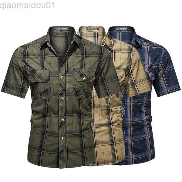 Chemises décontractées pour hommes Chemise à revers pour hommes Impression à carreaux Été à manches courtes Mode Hauts militaires Casual Streetwear Chemises de travail pour hommes Vert armée S-5XL L230721