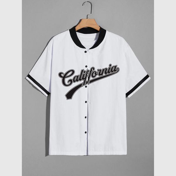 Camisas informales para hombre, estampado de letras, cuello de béisbol gráfico, estilo informal americano, camiseta de baloncesto a cuadros de retazos informales 230613