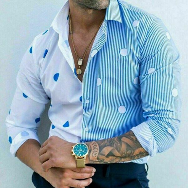Chemises décontractées pour hommes Chemise boutonnée à pois bleu clair à pois blancs rayée à manches longues Top à la mode pour hommes