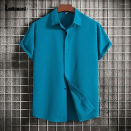 Chemises décontractées pour hommes Vêtements de chemise en lin 2024 Fashion coréenne Open Stitch Tops Blouse quotidienne à manches courtes à manches bleues solides