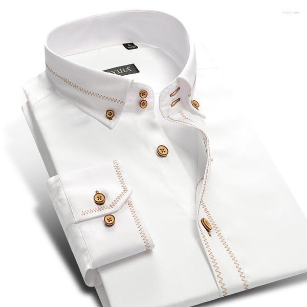 Hommes chemises décontractées hommes à manches longues coton boutonné mâle Smart affaires formel Social chemise Slim Fit blanc avec bord doré