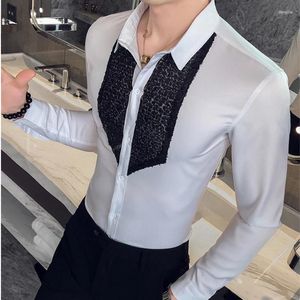 Heren casual shirts heren lange mouwen pailletten smoking camisa masculina zwart wit slim fit jurk streetwear sociale tops