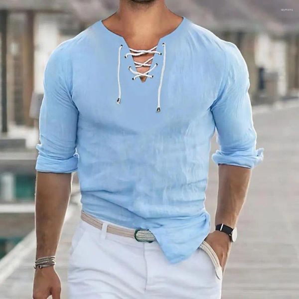 Chemises décontractées pour hommes Chemise à manches longues pour hommes Col en V à lacets élégant avec un design rétro ajusté pour un usage quotidien