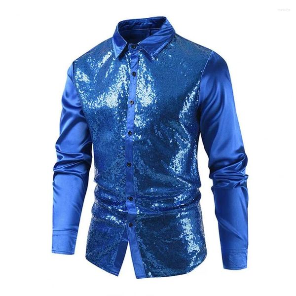 Camisas casuales para hombres Camisa de manga larga para hombres Lentejuelas Rendimiento brillante para cuello vuelto Mangas de un solo pecho Club de satén