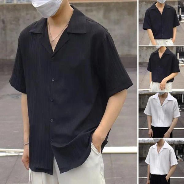 Camisas casuales para hombres Camisa holgada con botones y cuello en V a rayas con cuello vuelto Mangas cortas para hombre