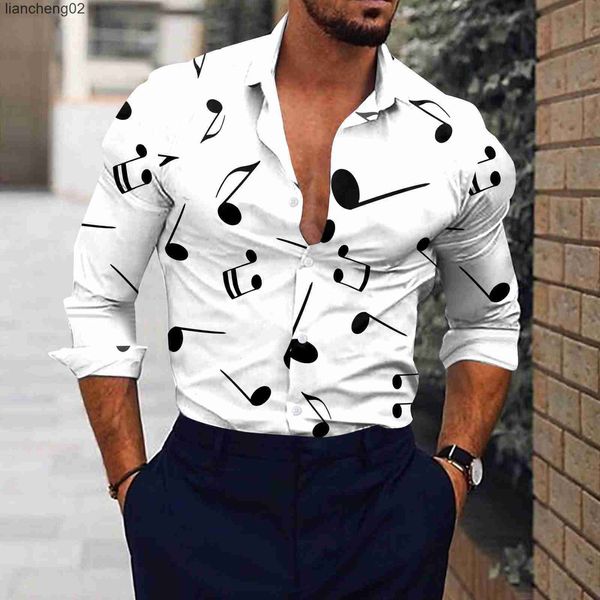 Camisas casuales para hombres Hombres Música Nota Imprimir Camisa blanca Vestido social Streetwear Moda Casual 3D Impresión digital Ligero Transpirable Manga larga Tees W0328