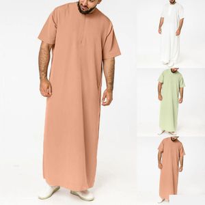 Chemises décontractées pour hommes Hommes Musulman Kaftan À Manches Courtes Solide O Cou Jubba Thobe Abaya Moyen-Orient Dubaï S Arabie Islamique Hommes Drop Delive Dh7Rp