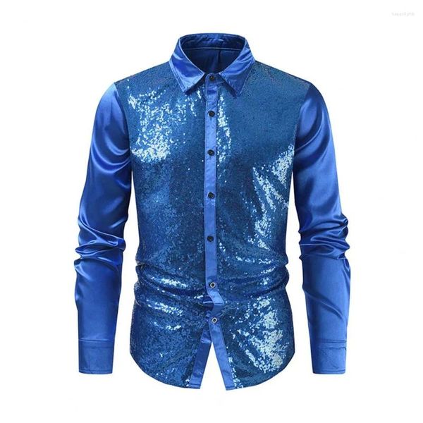 Camisas casuales para hombres Camisa de rendimiento para hombres Lentejuelas brillantes Cuello vuelto Cuello de un solo pecho Mangas largas Satin Club Party Stage Show