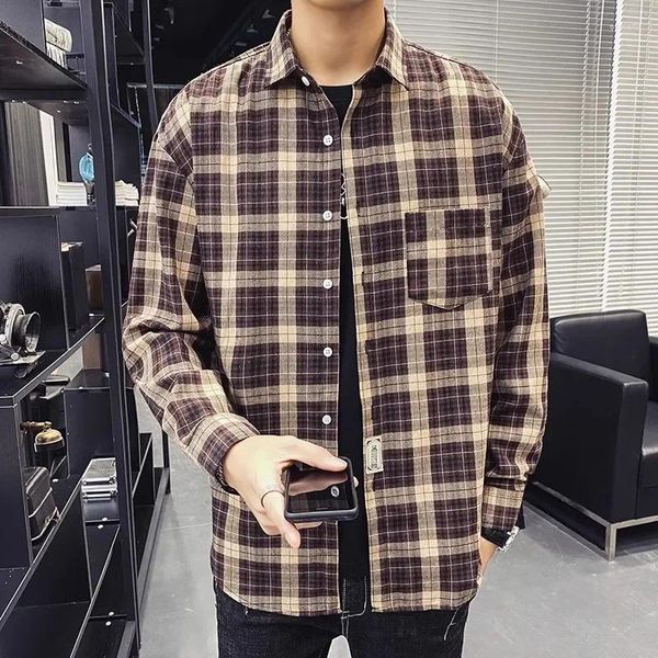 Chemises décontractées pour hommes chemises à carreaux hommes flanelle à manches longues à manches longues poche de rue japon coton slim slim fit mâle soft smoking formel