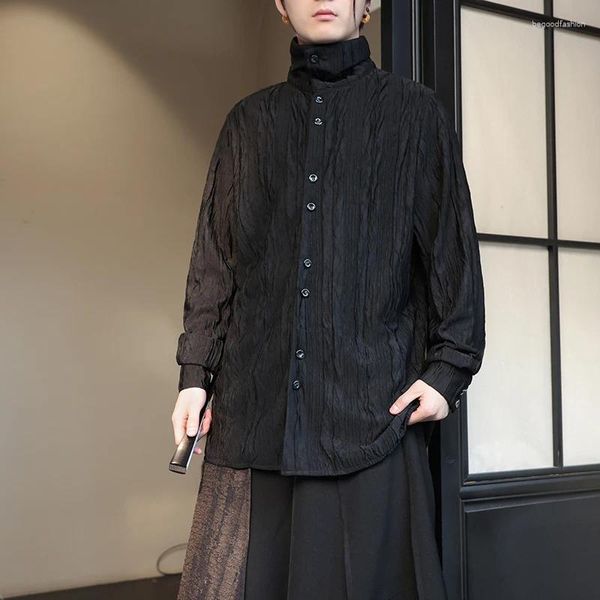 Chemises décontractées pour hommes Hommes Tissu plissé Lâche Manches longues Japonais Harajuku Streetwear Mode Plus Taille Blouses Stage Show Vêtements