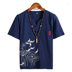Casual herenoverhemden Herenprint T-shirts met korte mouwen Katoen Chinese stijl Loungewear-jas Mandarijnkraagoverhemd Zomerhuiskleding