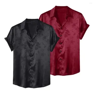 Chemises décontractées pour hommes Men Shirt Shirt Satin Applique avec collier de remin-down Coules courtes Couleur solide Ajustement en vrac pour l'usure quotidienne