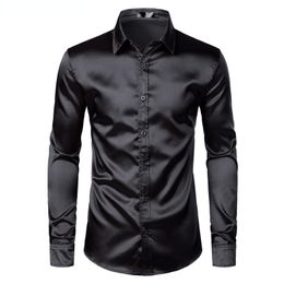 Chemises décontractées pour hommes Shirts de luxe en satin noir de Silk Smooth Men Tuxedo Shirt Slim Fit Wedding Prom Casual Casual Shirt Chemise Homme 230314