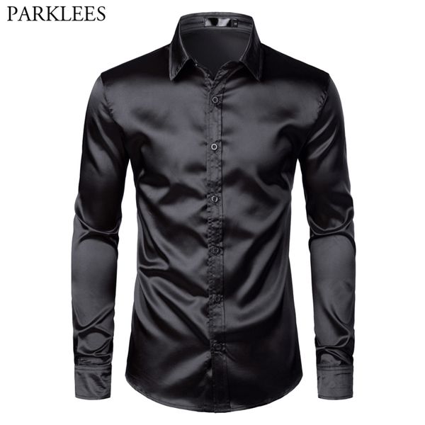 Chemises décontractées pour hommes Chemises habillées de luxe en satin noir pour hommes Soie Lisse Hommes Chemise De Smoking Slim Fit Fête De Mariage Prom Chemise Décontractée Chemise Homme 220908