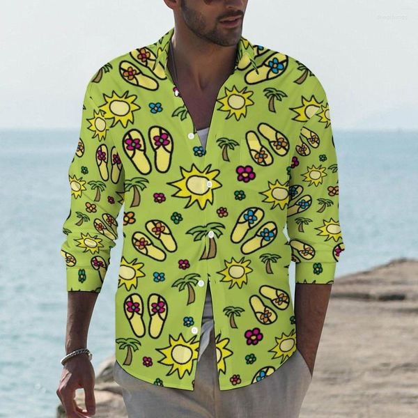 Camisas informales para hombre, chanclas brillantes para vacaciones para hombre, camisa de palmera, blusas de manga larga a la moda de estilo callejero, personalizadas para primavera