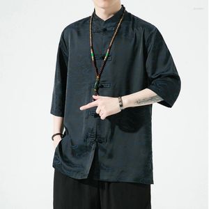 Chemises décontractées pour hommes Tissu haut de gamme pour hommes chinois en soie de glace Chemise d'impression rétro Tang à manches courtes Plus Size Blouse Original