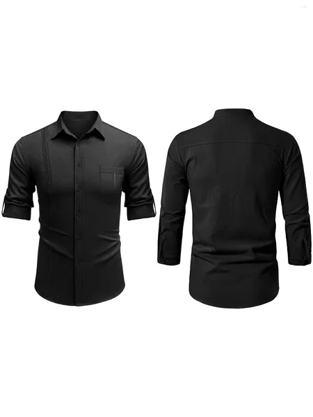 Chemises décontractées pour hommes Chemise habillée à manches longues à col boutonné classique pour hommes avec un design sans poche - Tenue de travail élégante et professionnelle