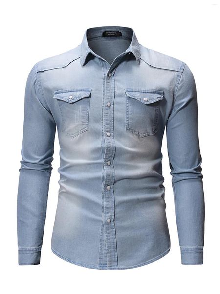 Chemises décontractées pour hommes Hommes S Classic Slim Fit Denim Chemise boutonnée à manches longues Revers Tops pour la fête d'automne du printemps