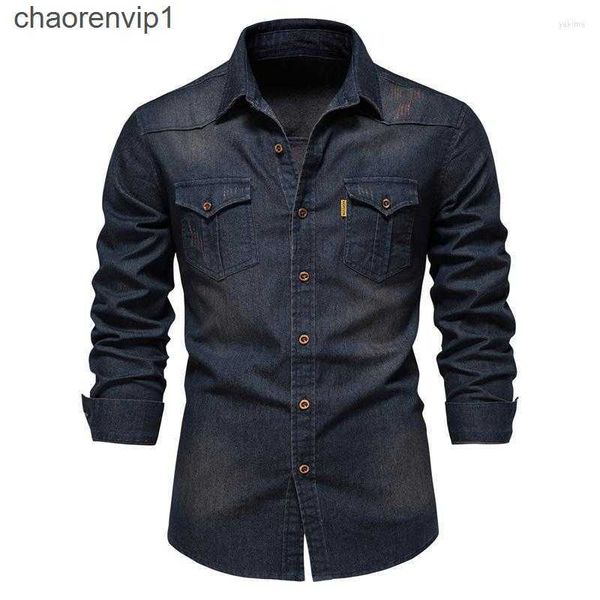 Chemises décontractées pour hommes Chemise en jean pour hommes Jeans Turndown Quotidien Manches longues Hauts Coton Simple Noir Bleu S-3XL