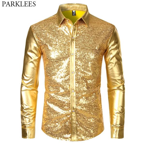 Chemises décontractées pour hommes Disco brillant or paillettes métallisé conception robe chemise à manches longues boutonné Noël Halloween Bday Party Stage Costume 231129