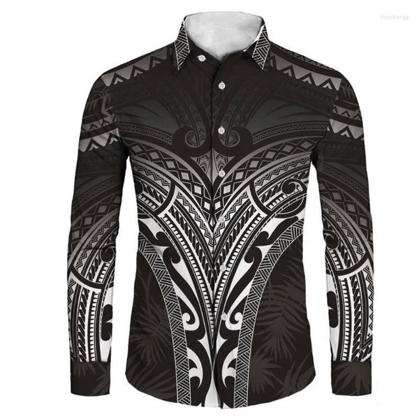 Camisas casuales para hombres Gota para hombres Samoa Polinesia Tatuajes tribales Imprimir Hombres Camisa de manga larga Otoño Moda Streetwear Fiesta Negro para 2022