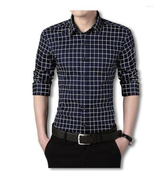 Camisas informales para hombre, moda para hombre, camisa de primavera para hombre, ajustada, a cuadros, de manga larga, de algodón, con botones, ropa de trabajo de negocios para hombre