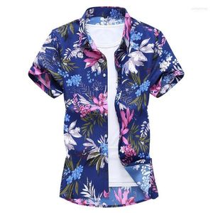 Casual shirts voor heren heren bloemenbladeren 3D printen mode slanke shirt met korte mouwen zomerkwaliteit katoen plus maten luxe mannen blauw