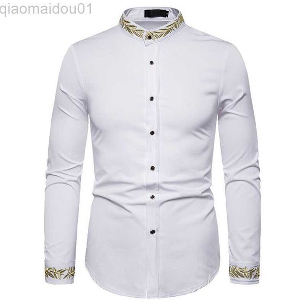 Chemises décontractées pour hommes Hipster Broderie Chemises blanches Slim Fit Col Mandarin Hommes Robe Chemise Mariage Affaires Casual Camisa Social Masculina L230721