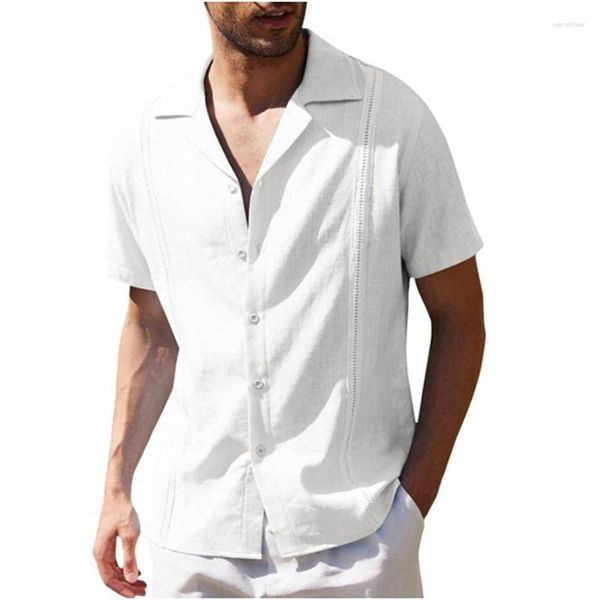 Chemises décontractées pour hommes Chemise à manches courtes boutonnée en lin pour hommes avec poche poitrine - Chemisier de plage à col à revers de couleur unie