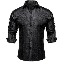 Chemises décontractées pour hommes Chemises habillées en soie Paisley noire à manches longues pour hommes Casual Tuxedo Social Shirt Luxe Designer Hommes Vêtements 230822