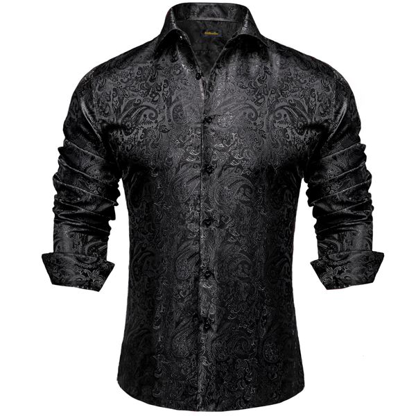 Chemises décontractées pour hommes Chemises habillées en soie Paisley noire à manches longues pour hommes Casual Tuxedo Social Shirt Designer de luxe pour hommes Vêtements 230303