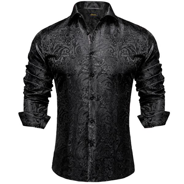 Chemises décontractées pour hommes Chemises habillées en soie Paisley noire à manches longues pour hommes Casual Tuxedo Social Shirt Luxe Designer Hommes Vêtements 231128