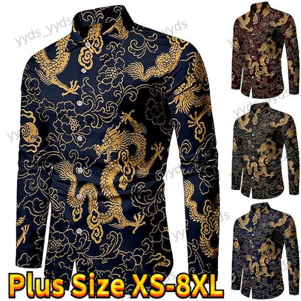 Camisas informales para hombre Camisa de diseño clásico de manga larga para hombre Camisa informal diaria con botones y estampado de dragón y fénix Camisa ajustada de moda XS-8XL T240124