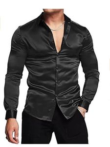 Chemises décontractées pour hommes Chemise habillée luxueuse en satin de soie brillant pour hommes Chemise boutonnée décontractée à manches longues et décontractée, grande taille S-3XL 230804