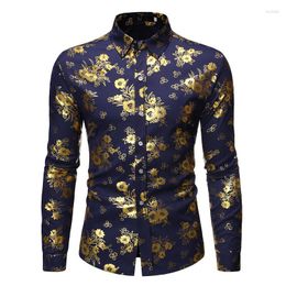 Chemises décontractées pour hommes Mattswag pour hommes bleu foncé luxe floral or brillant imprimé Camisa élégant mince à manches longues chemise habillée fête bal