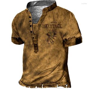 Camisas informales para hombre, camisa Henry para hombre, camiseta con estampado de letras y cuello de pie, estampado 3D, botón de manga corta para uso diario al aire libre