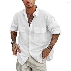 Chemises décontractées pour hommes Chemise d'affaires pour hommes d'affaires de couleur unie à manches longues boutonnée hauts amples avec poches poitrine