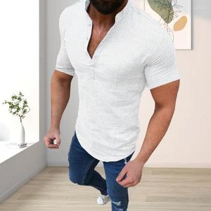 Camisas informales para hombre, camiseta de verano para hombre, cuello levantado, manga corta, jersey de Color sólido, botón, uso diario, corte ajustado, longitud media