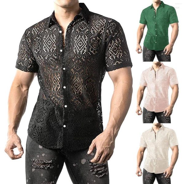 Chemises décontractées pour hommes Hommes Hommes Simple Mode Sexy Fleur Dentelle Bouton À Manches Courtes Chemise Top Style Européen Américain Art 3D Numérique