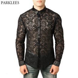 Chemises décontractées pour hommes Maille pour hommes voir à travers les chemises de club en résille Slim Fit à manches longues Chemise en dentelle sexy pour hommes fête événement bal Chemise transparente 2XL 230214