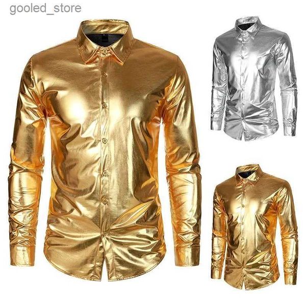 Chemises décontractées pour hommes Chemises brillantes métalliques pour hommes Disco Party Mens Robe Vêtements pour Homme Imprimé T-shirt à manches longues Y2k Q231106