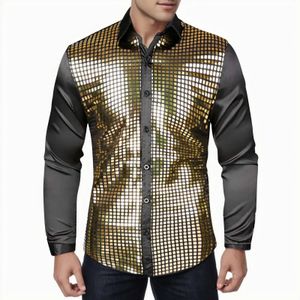 Chemises décontractées pour hommes Chemises disco régulières des années 70 pour hommes Paillettes métalliques Chemises habillées boutonnées à manches longues Chemise à manches longues pour boîte de nuit avec bouton 231128