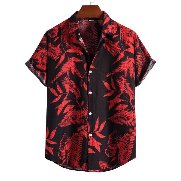 Chemises décontractées pour hommes Chemise décontractée à imprimé fleur rouge rétro pour hommes Chemise hawaïenne Chemise de plage en coton et lin à manches courtes pour hommes Z0224