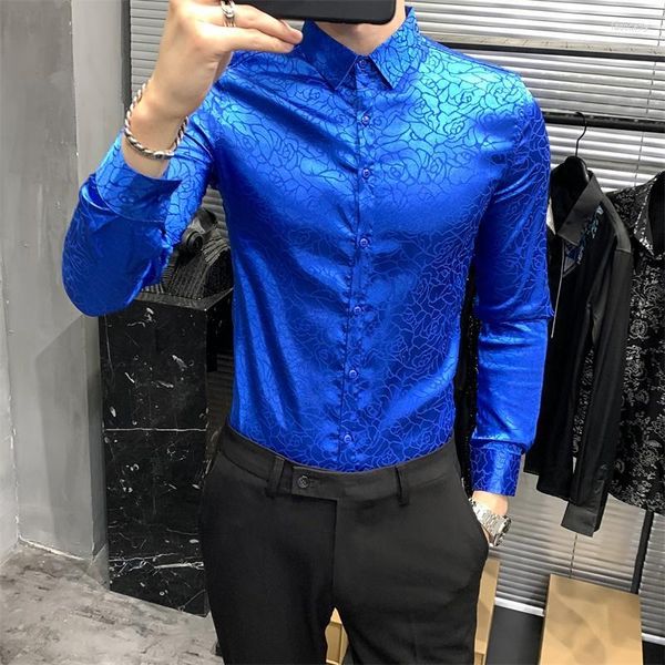 Camisas informales para hombre, azul real, suave, seda helada, satén, blanco, flores brillantes, ropa coreana, vestido de fiesta para Club nocturno, escenario