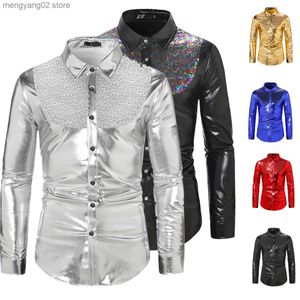 Chemises décontractées pour hommes Paillettes pour hommes Chemise à manches longues Fête de mariage Discothèque Disco Dance Come Shiny T-shirt Slim Button Top Club Party Come T230714