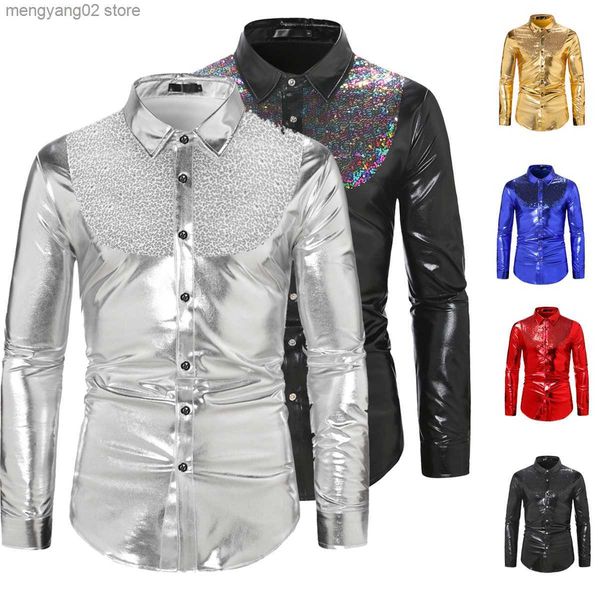 Camisas casuales para hombres Lentejuelas para hombres Camisa de manga larga Fiesta de bodas Discoteca Disco Dance Come Shiny T-shirt Slim Button Top Club Party Come T230714