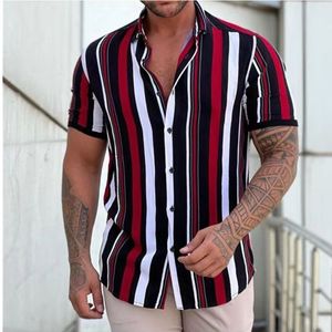 Chemises décontractées pour hommes Chemise pour hommes mode rayures imprimer t-shirts à manches courtes chemise d'été hommes col rabattu bouton blouse décontractée vêtements pour hommes 230918